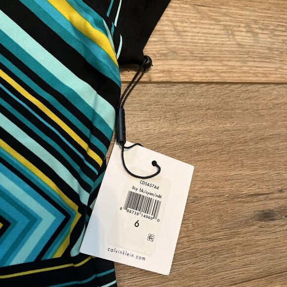 Calvin Klein Sheath Dress SZ 6 Pullover Stretch Turquoise Yellow Short Sleeve - Picture 7 of 11